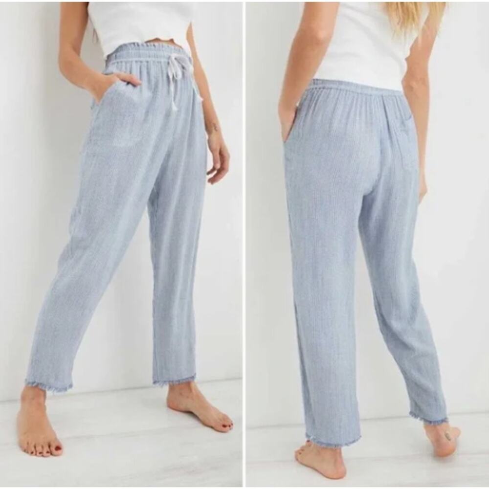 Aerie Real Good Gauze High Waisted Pant Size Small Pinstripe Blue & White - Picture 13 of 13